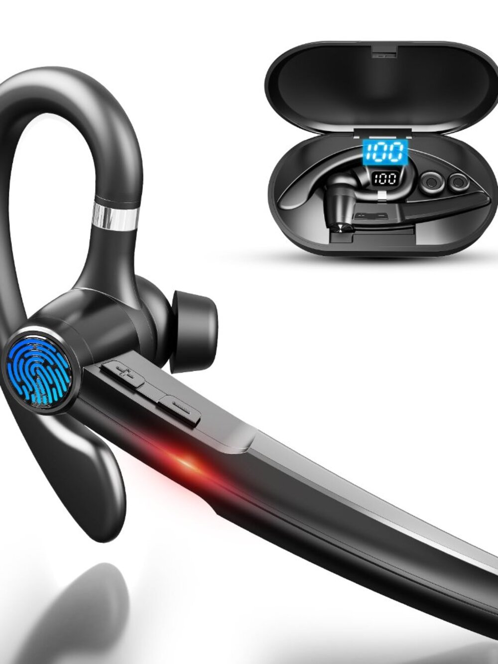 NEW Bluetooth 5.3 Headset 60Hrs Single Ear Earpiece LED Charging Case Noise Mic